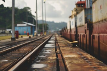Fototapeta premium A detailed view of a train track located near a building. This image can be used to depict urban transportation or industrial infrastructure