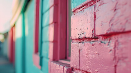 Textured Pink and Turquoise Painted Brick Wall Close-Up