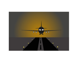 Silhouette d'un avion qui atterrit sur une piste avec des balises éclairées au soleil levant.