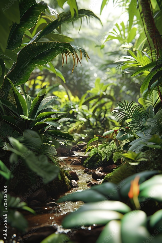 Poster a picture of a stream running through a vibrant and lush green forest. perfect for nature enthusiast