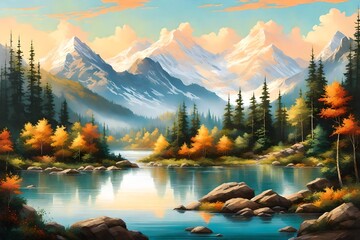 Create a captivating image of a serene landscape, where majestic mountains stand tall, verdant trees sway gently, and a tranquil river meanders through the scenery.

