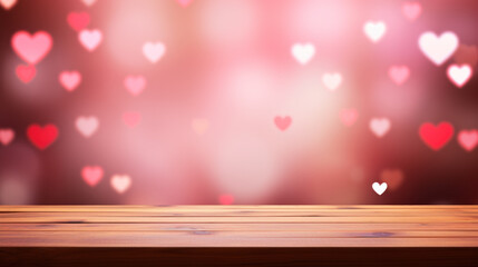 Wooden table on the red and pink festive background with soft heart shaped bokeh. St. Valentines backdrop.