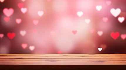 Fotobehang Wooden table on the red and pink festive background with soft heart shaped bokeh. St. Valentines backdrop. © Anna