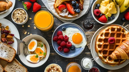 Foto op Aluminium Healthy sunday breakfast with croissants, waffles, granola and sandwiches. Generative AI © Fuji