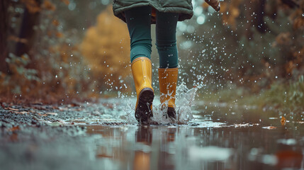 Person in Yellow Rubber Boots Splashing Through a Puddle