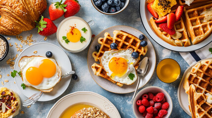 Healthy sunday breakfast with croissants, waffles, granola and sandwiches. Generative AI - obrazy, fototapety, plakaty