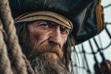 A pirate captain at sea, with a weathered look