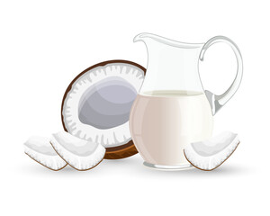 Coconut, half a coconut, a jug and a glass of milk with splashes on a white background. Illustration, vector