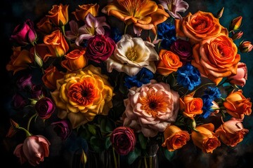 Craft a visually stunning image of a vibrant bouquet of flowers that bursts with colors and life.

