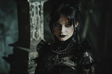 A vampire countess in a gothic dress, with a dark ambiance