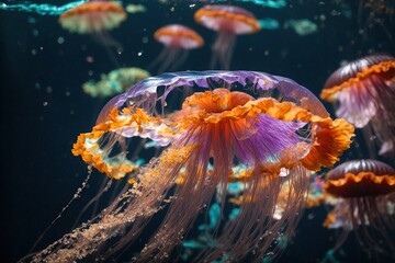  A stunning jellyfish with a rainbow of colors pulsating through its translucent body, gliding effortlessly through the deep blue sea 