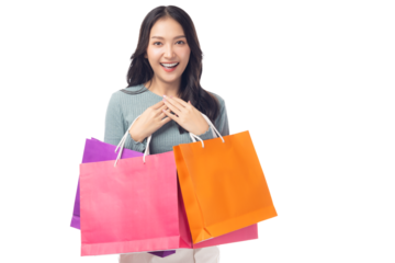 Portrait excited beautiful asian woman holding shopping bags isolated on white background and copy space Surprise happy asian lady open mouth with excited Beauty young female love shopping