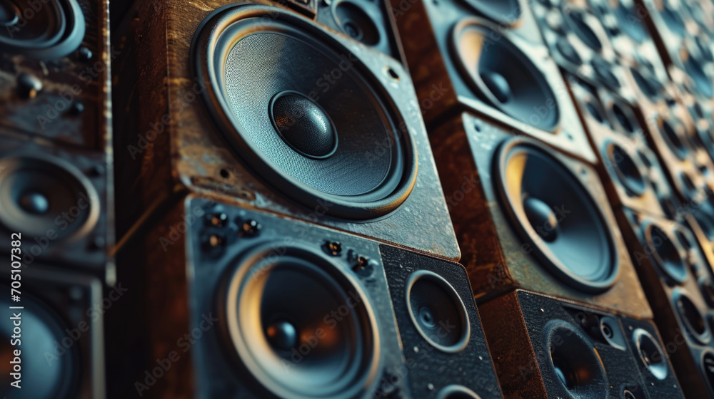 Poster a pile of speakers stacked on top of each other. perfect for music events or sound system illustrati