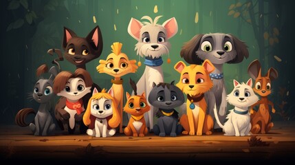Fototapeta premium Whimsical digital illustration of cute, anthropomorphic animals