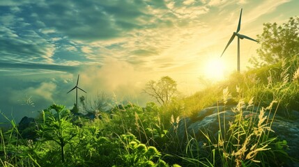 Windmills against the backdrop of mountains. Green renewable energy - obrazy, fototapety, plakaty