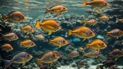 Fototapeta premium A vibrant collection of tropical fishes, each one unique in its colorful patterns and intricate details, swimming gracefully in a crystal-clear ocean