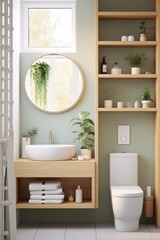 Fototapeta na wymiar inspired bathroom with minimalistic stone grey tiles wooden furniture black fixtures and round mirror