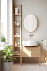 Fototapeta na wymiar inspired bathroom with minimalistic stone grey tiles wooden furniture black fixtures and round mirror