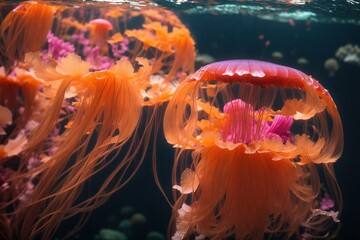 A vibrant orange and pink jellyfish glides gracefully through the crystal clear waters