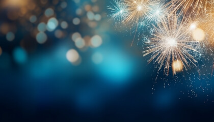 Gold and blue Fireworks and bokeh in New Year eve and copy space. Abstract background holiday - obrazy, fototapety, plakaty
