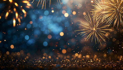 Fototapeta premium Gold and blue Fireworks and bokeh in New Year eve and copy space. Abstract background holiday