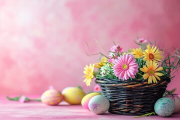 Obraz na płótnie Canvas colorful Easter eggs and blooming flowers on the table on pink background,
