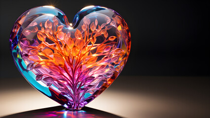 Colorful crystal heart Reflects beautifully and outstandingly. There is a space for copy text. Suitable for making greeting cards on occasions related to love. It shows a beautiful but fragile love. - obrazy, fototapety, plakaty