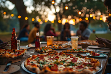 Sunset Picnic in the Park with Delicious Pizza - obrazy, fototapety, plakaty
