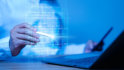 Programmer concept. Engineer adeptly decodes, encodes big data, ensuring stability through meticulous programming and software analysis, showcasing expertise in handling complex information sources