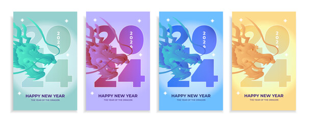 Set of Happy New Year 2024 greeting cards. Vector illustration concepts for poster graphic and web design, social media banner, marketing material.	