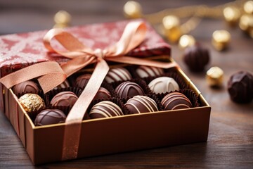 photograph of Chocolates and chocolate pralines in a gift box as a luxury holiday present,...