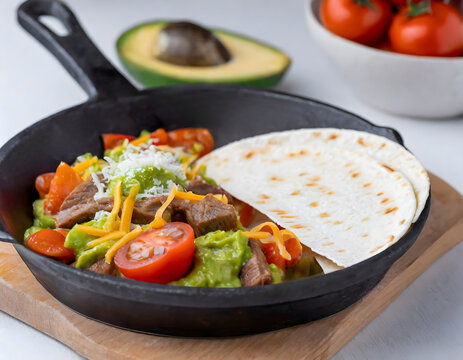 Fajitas are served in a hot skillet with flour tortillas, guacamole, cheese and Terrazza tomatoes.
