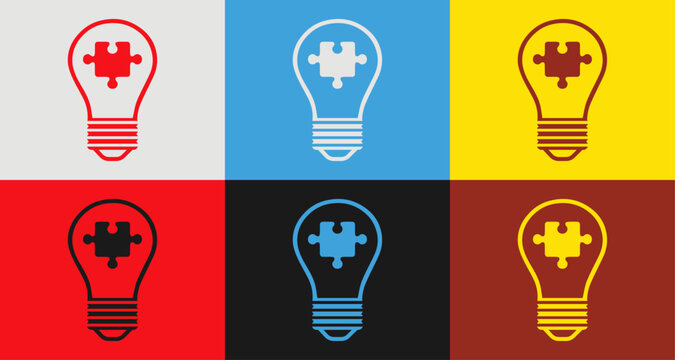 Colorful light bulb and puzzle piece icons set in 6 colors for vibrant designs, light bulb and puzzle piece Isolated on background