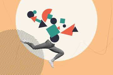Creative collage picture illustration black white filter caricature half people jump run element...