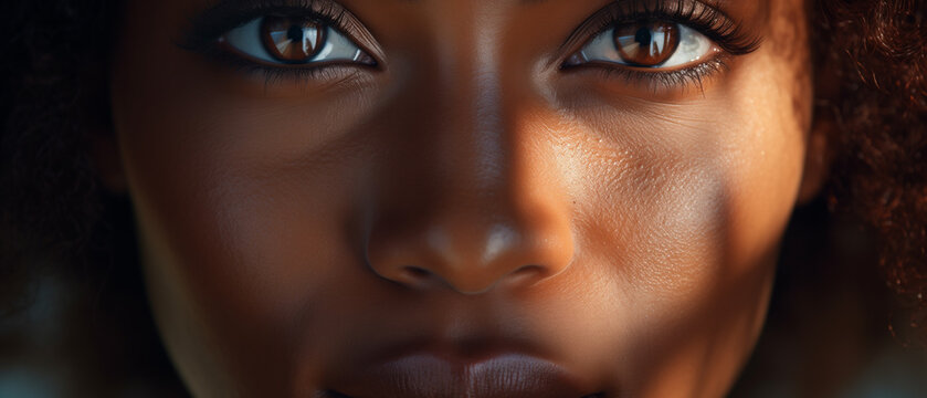 African American woman's face, close-up photograph, Authentic Beauty Elegance: highlighting the authentic and elegant essence, perfect for celebrating diversity, high resolution