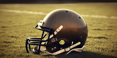 Rugby Helmet On A Green Sport Field, Close Up View