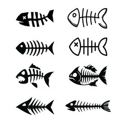 Set of dead fish silhouettes. Fish skeleton - obrazy, fototapety, plakaty