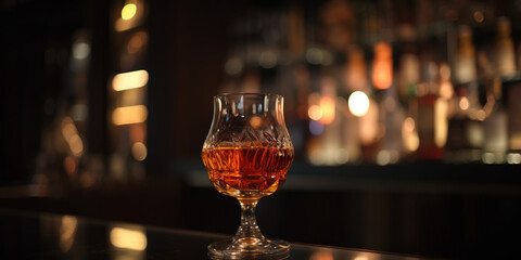 Glass with whiskey on a bar counter - obrazy, fototapety, plakaty