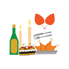 Thanksgiving icons. Autumn elements with roast turkey. pumpkin, pilgrim hat, pie, vegetables, fruits. Autumn holiday season. Vector illustration