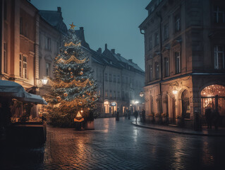Fototapeta premium Streets Of A Small Town On Christmas Eve Are Adorned With A Decorated Christmas Tree In The Town Center