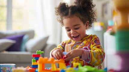 Toddler girl playing with colorful building blocks. 