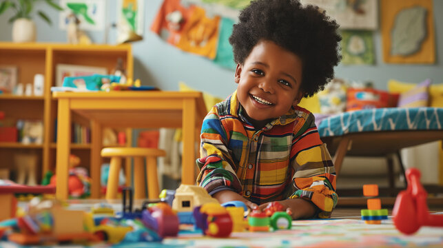 Cute black toddler playing with toys inside a play room indoors.