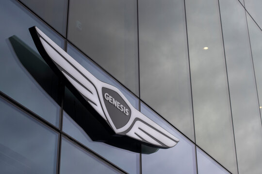 New York, NY, USA - July 7, 2022: Genesis logo is seen at the Genesis House in New York's Meatpacking District. Genesis Motor, LLC is the luxury vehicle division of the South Korean automaker Hyundai.