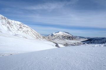 Panoramic view of snowy mountains in central Italy. Campo Imperatore, Gran Sasso Italy