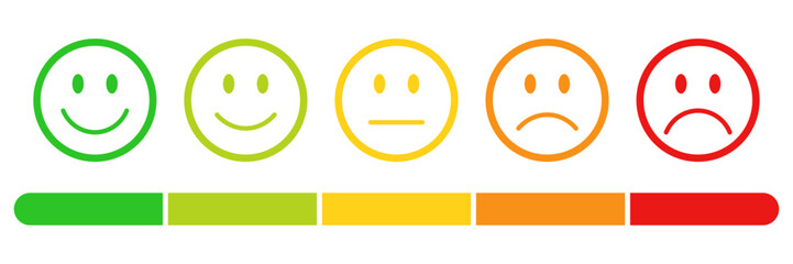 Rating emojis set in different colors outline with a rating scale. Feedback emoticons collection, Very happy, happy, neutral, sad and very sad emojis with a rating review measuring scale.