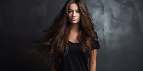 Fototapeta premium Young beautiful woman long hair with dressed in a black t-shirt. 