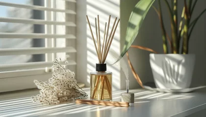 Foto op Canvas Home fragrance aroma diffuser with rattan sticks with a glass bottle, aroma reed diffuser home fragrance with rattan sticks on a light background © mh.desing