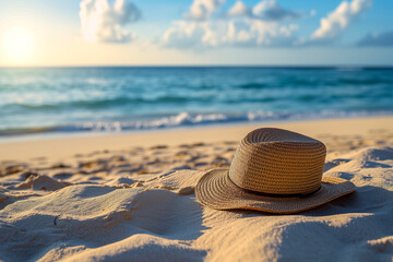 Fototapeta na wymiar hat on the beach. summer vacation. travel or tourism ad. hot summer day, sea or ocean breeze. sun tan. straw summer hat.
