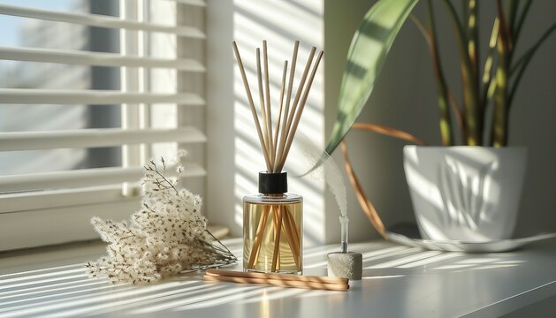 Home fragrance aroma diffuser with rattan sticks with a glass bottle, aroma reed diffuser home fragrance with rattan sticks on a light background