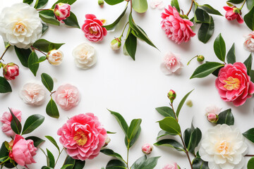 Frame Of Camellias On White Background, Lots Of Space Inside
